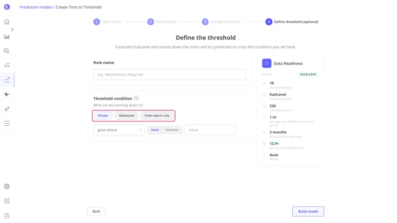 Threshold condition with the Simple, Advanced, and From alarm rule modes highlighted