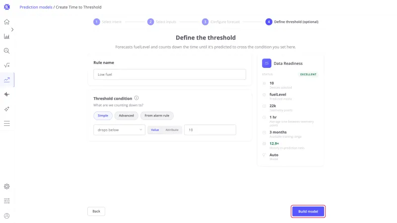 Define the threshold step with the Build model button highlighted