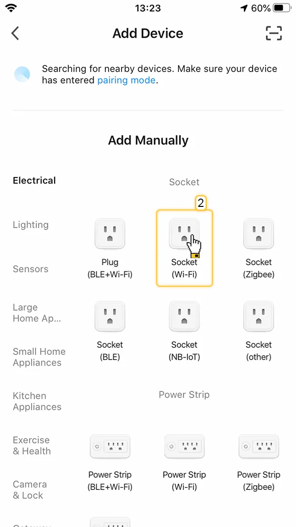 Smart Life app Add Device screen — device category list with Socket (Wi-Fi) highlighted under Electrical