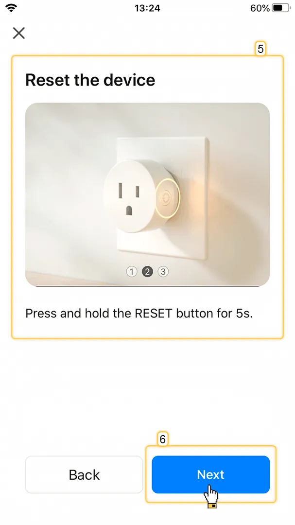 Smart Life app reset instructions step 2 — press and hold the RESET button for 5 seconds
