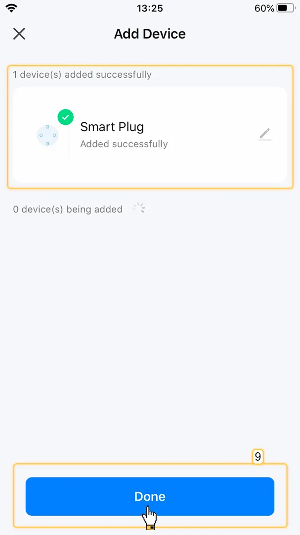Smart Life app — 1 device added successfully screen with Done button