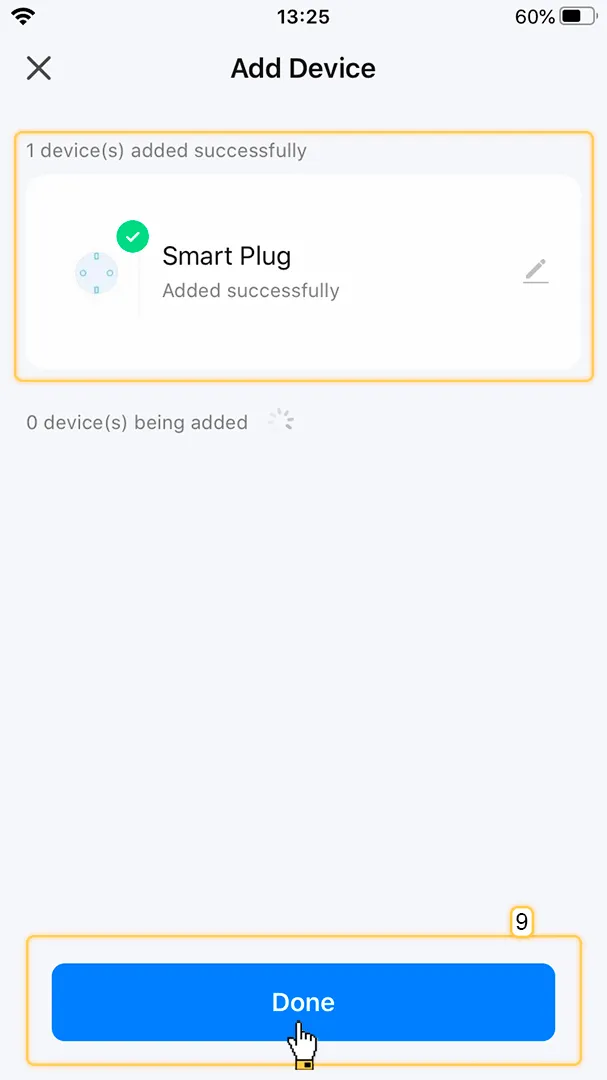 Smart Life app — 1 device added successfully screen with Done button