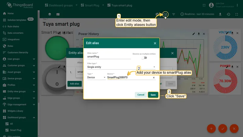 ThingsBoard dashboard edit mode — Edit alias dialog with smartPlug alias and device selector