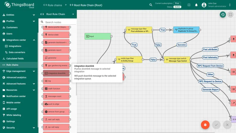 ThingsBoard Root Rule Chain editor — Integration Downlink node being dragged from the node panel onto the canvas