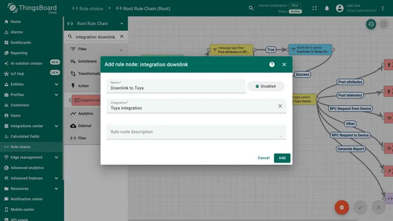 ThingsBoard Rule chain editor — Add rule node dialog for integration downlink with name Downlink to Tuya and Integration field set to Tuya integration