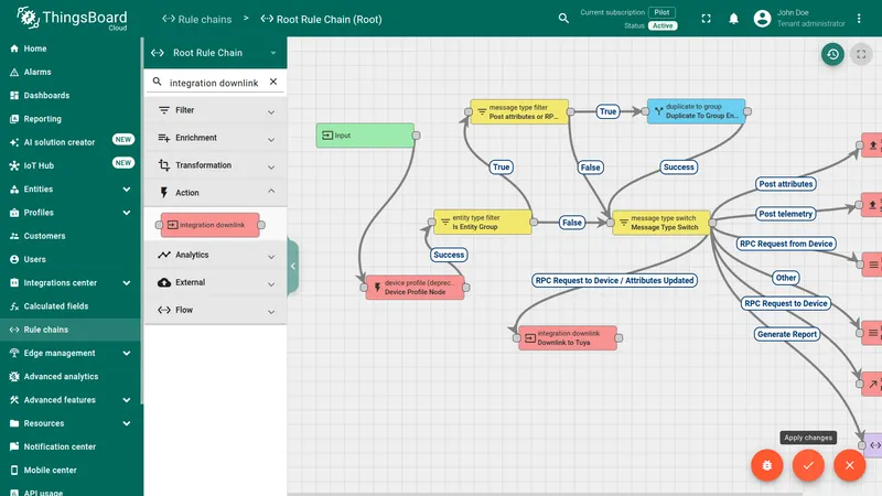 ThingsBoard Root Rule Chain — Message Type Switch connected to the Downlink to Tuya node via a combined RPC Request to Device / Attributes Updated relation, Apply changes button highlighted