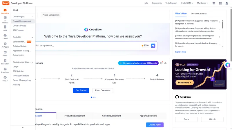 Tuya IoT Platform sidebar — Cloud expanded showing Cloud Project submenu with Project Management highlighted
