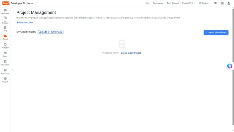 Tuya IoT Platform — Project Management page with no projects yet and a Create Cloud Project button
