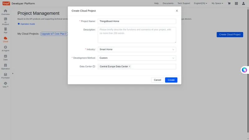 Create Cloud Project dialog — Project Name, Description, Industry, Development Method, and Data Center fields