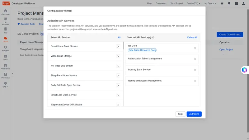 Configuration Wizard — Authorize API Services dialog showing available and selected API services