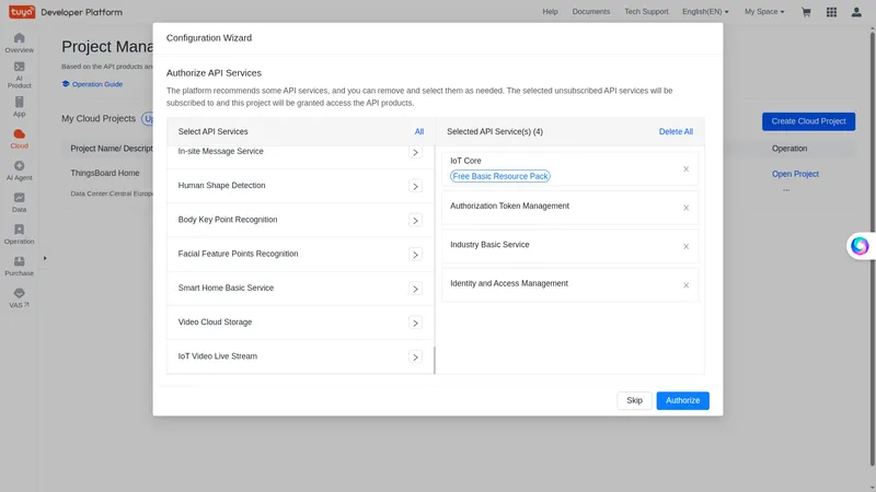 Configuration Wizard — Authorize API Services dialog showing recommended and selected API services