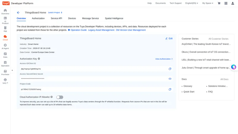 Tuya cloud project Overview page showing Access ID/Client ID and Access Secret/Client Secret credentials
