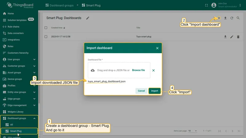 ThingsBoard Import dashboard dialog — upload the Tuya Smart Plug dashboard JSON file
