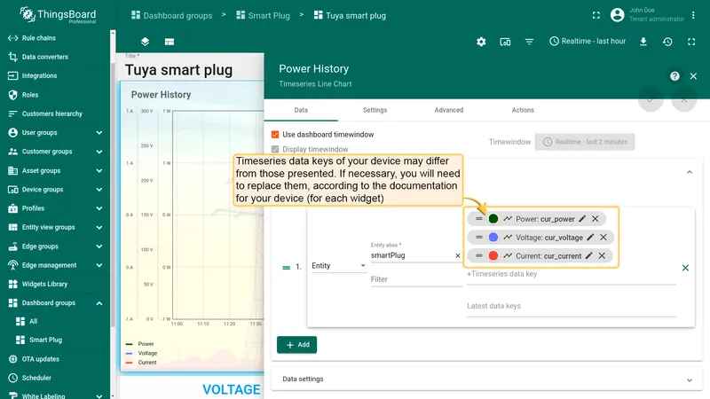 ThingsBoard widget editor — Datasource data keys for the Power History Time series chart widget with voltage, current and power fields