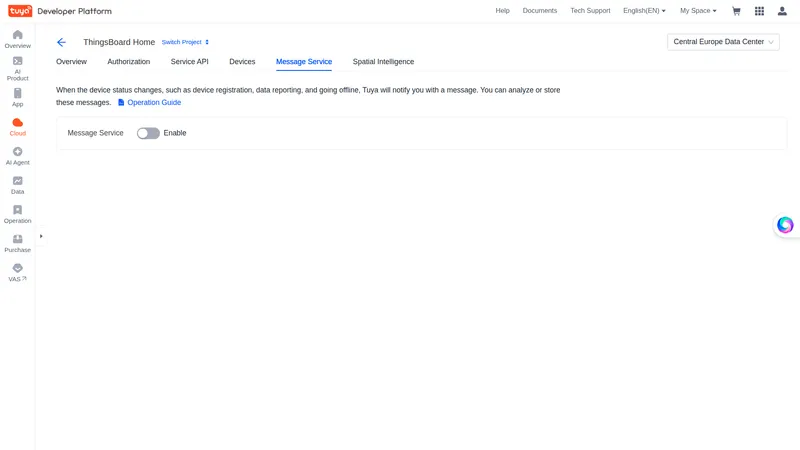 Tuya cloud project — Message Service tab with Message Service toggle in disabled state