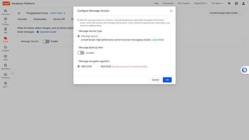 Configure Message Service dialog — Message Queue type selected, Message Build-Up Alert disabled, AES-GCM encryption algorithm