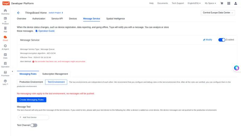 Tuya cloud project — Message Service tab showing the service as Enabled with type, encryption algorithm, and effective time