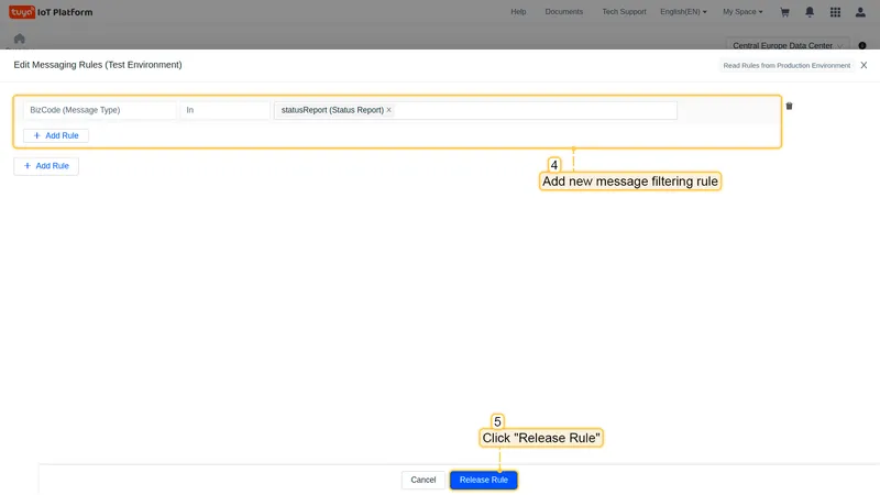 Tuya cloud messaging rule configuration — statusReport selected in BizCode field, Release Rule button
