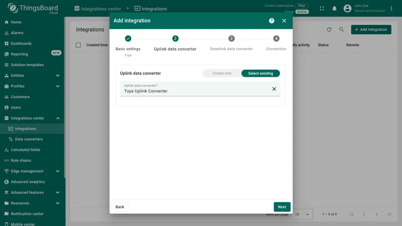 Add integration wizard — Uplink data converter step: Select existing active with Tuya Uplink Converter selected