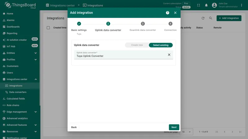 Add integration wizard — Uplink data converter step: Select existing active with Tuya Uplink Converter selected