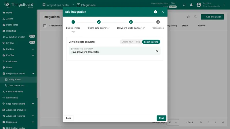 Add integration wizard — Downlink data converter step: Select existing active with Tuya Downlink Converter selected