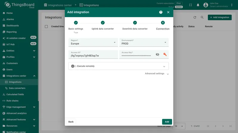 Add integration wizard — Connection step: Region Europe, Environment PROD, Access Id and Access Key fields filled