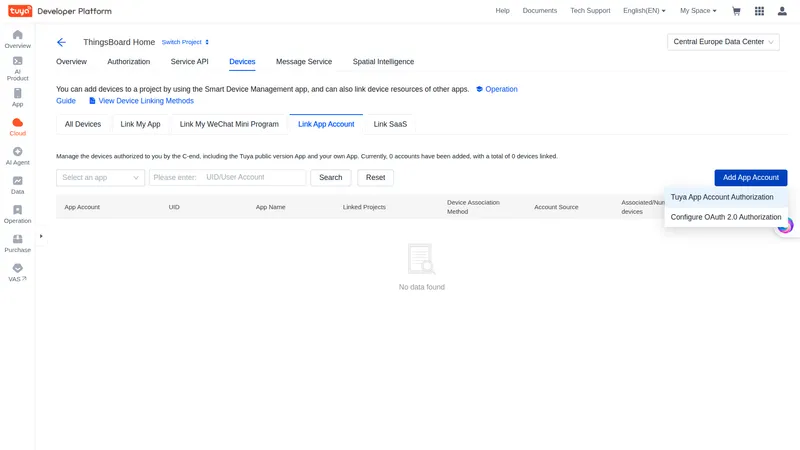 Tuya cloud project — Devices → Link App Account tab with Add App Account dropdown showing Tuya App Account Authorization option