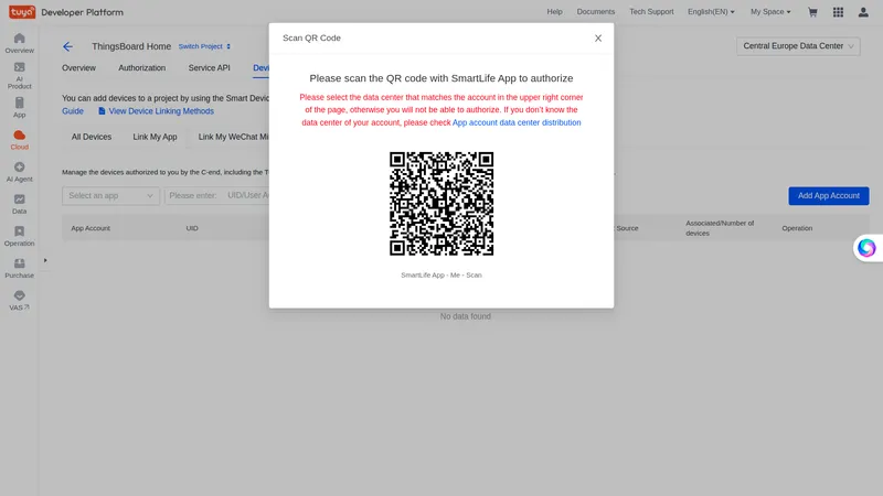 Scan QR Code dialog — QR code displayed with instruction to scan using SmartLife App
