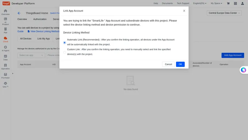 Link App Account dialog — Device Linking Method with Automatic Link selected