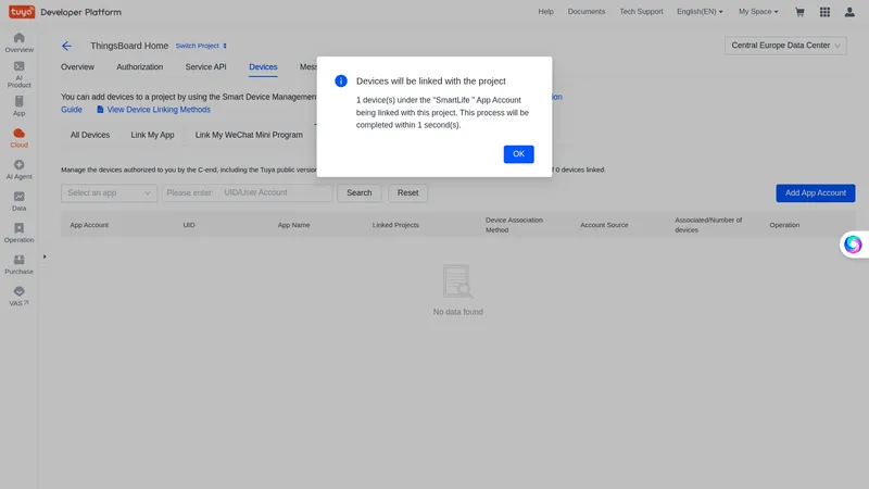 Devices will be linked with the project confirmation dialog showing the number of devices being linked
