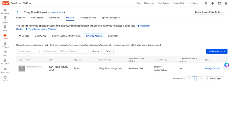 Tuya cloud project — Link App Account tab showing linked Tuya account with Automatic Link method