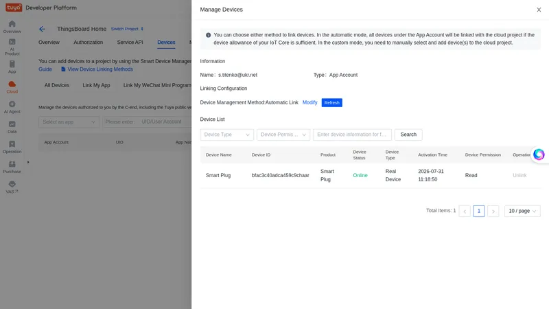 Manage Devices panel showing the linked Smart Plug with Device ID, Online status, and Real Device type