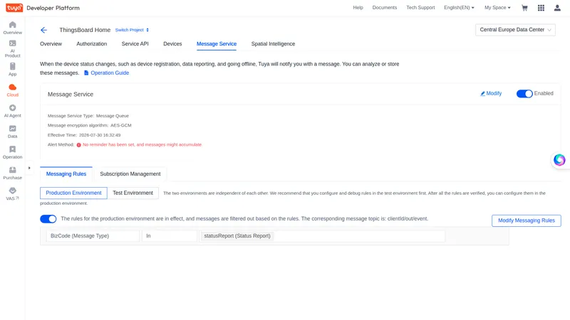 Tuya Message Service Messaging Rules tab, Production Environment, rule toggle enabled with BizCode statusReport