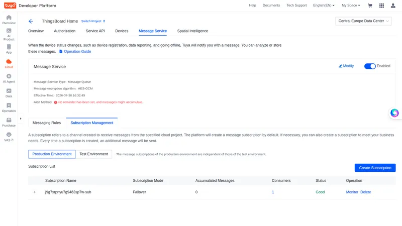 Tuya Subscription Management tab showing a subscription with Status Good and one consumer