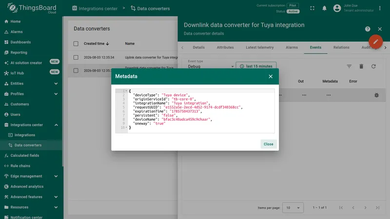 Metadata dialog showing the downlink request envelope — deviceType, originServiceId, integrationName, requestUUID, deviceName