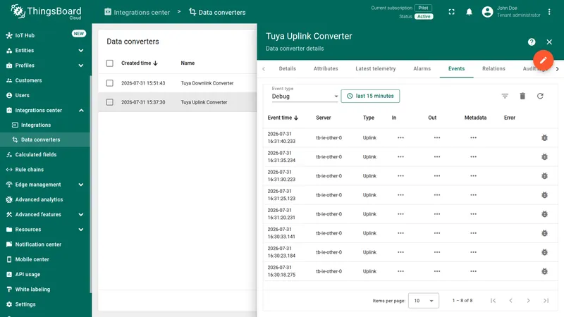 Tuya Uplink Converter Events tab — Debug event type showing a list of Uplink events with In, Out, and Metadata columns