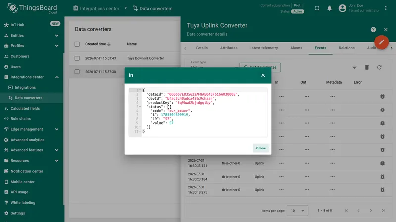 In dialog showing the raw Tuya data passed into the uplink converter — dataId, devId, productKey, and status array