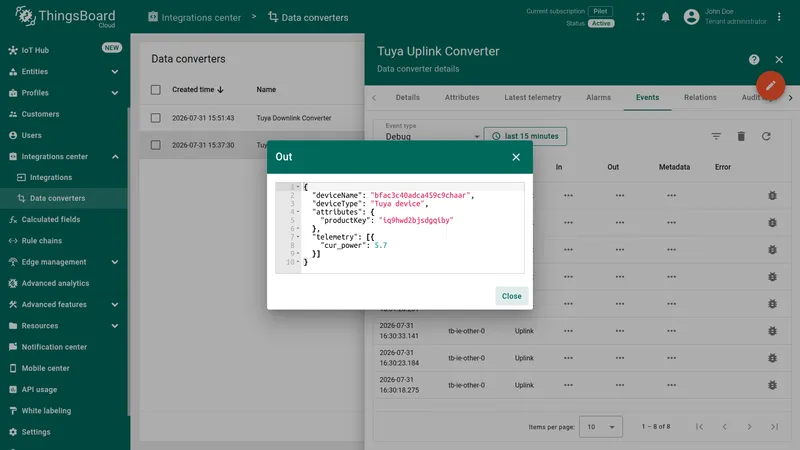 Out dialog showing the decoded ThingsBoard payload — deviceName, deviceType, attributes, and telemetry produced by the converter