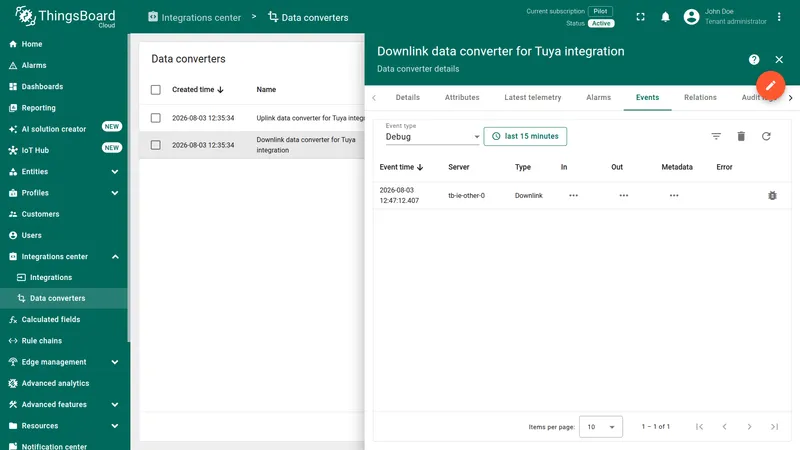 Tuya Downlink Converter Events tab — Debug event type showing a Downlink event with In, Out, and Metadata columns