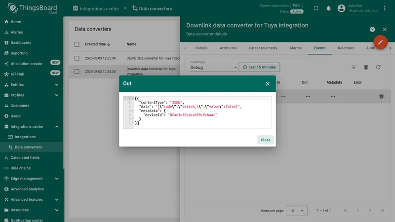 Out dialog showing the encoded Tuya Device Control command — contentType JSON, data code switch_1 value false, metadata deviceId