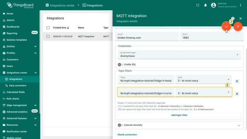 Topic filters section showing the new /rx/response filter added alongside the existing temperature filter