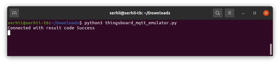 Terminal showing the device emulator started with output: Connected with result code Success