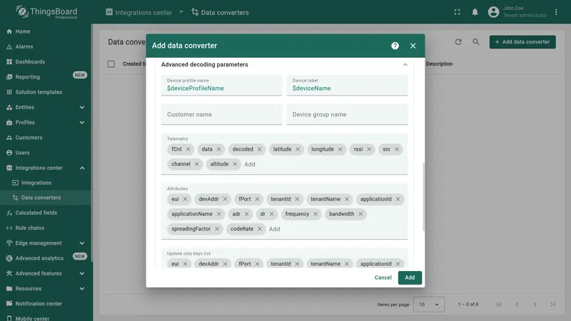 Advanced decoding parameters for ChirpStack — Device profile name pre-filled with $deviceProfileName, Device label with $deviceName, Telemetry keys including tSNR, data, decoded, latitude, longitude, rssi, snr, Attributes keys including applicationId, applicationName, adr, dr, frequency, bandwidth, spreadingFactor, codeRate, and Update only keys list with eui, devAddr, fPort, tenantId, tenantName, applicationId