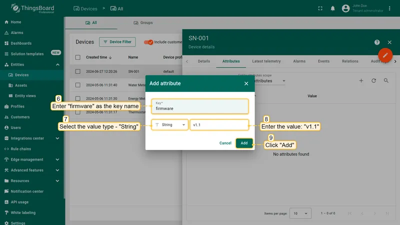 Add attribute dialog — key: firmware, type: String, value: v1.1, Add button highlighted