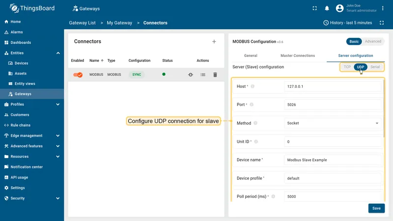 UDP server configuration section