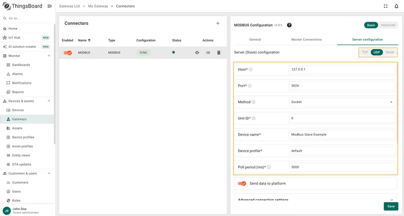 UDP server configuration section