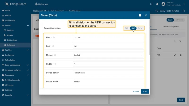 UDP server connection section