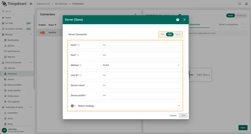 UDP server connection section