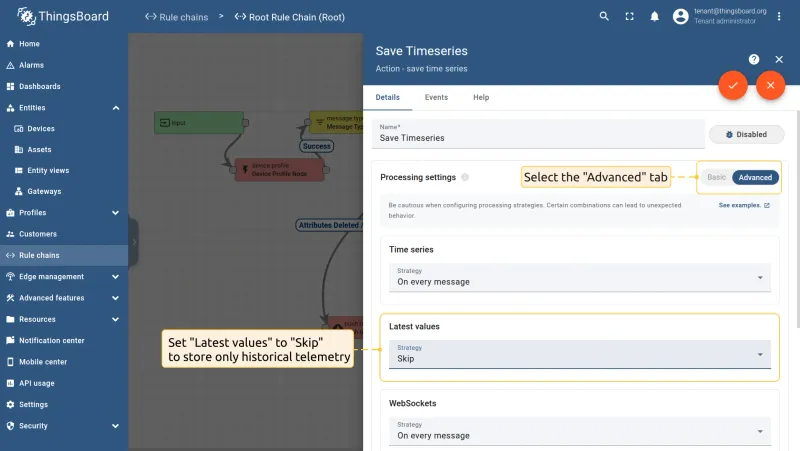 Save timeseries node configured to store only historical telemetry — CE