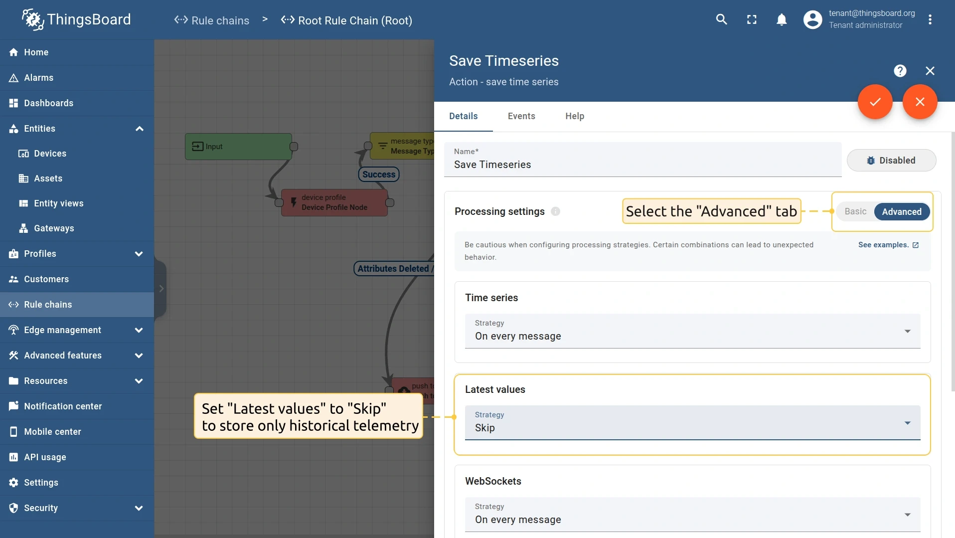 Save timeseries node configured to store only historical telemetry — CE